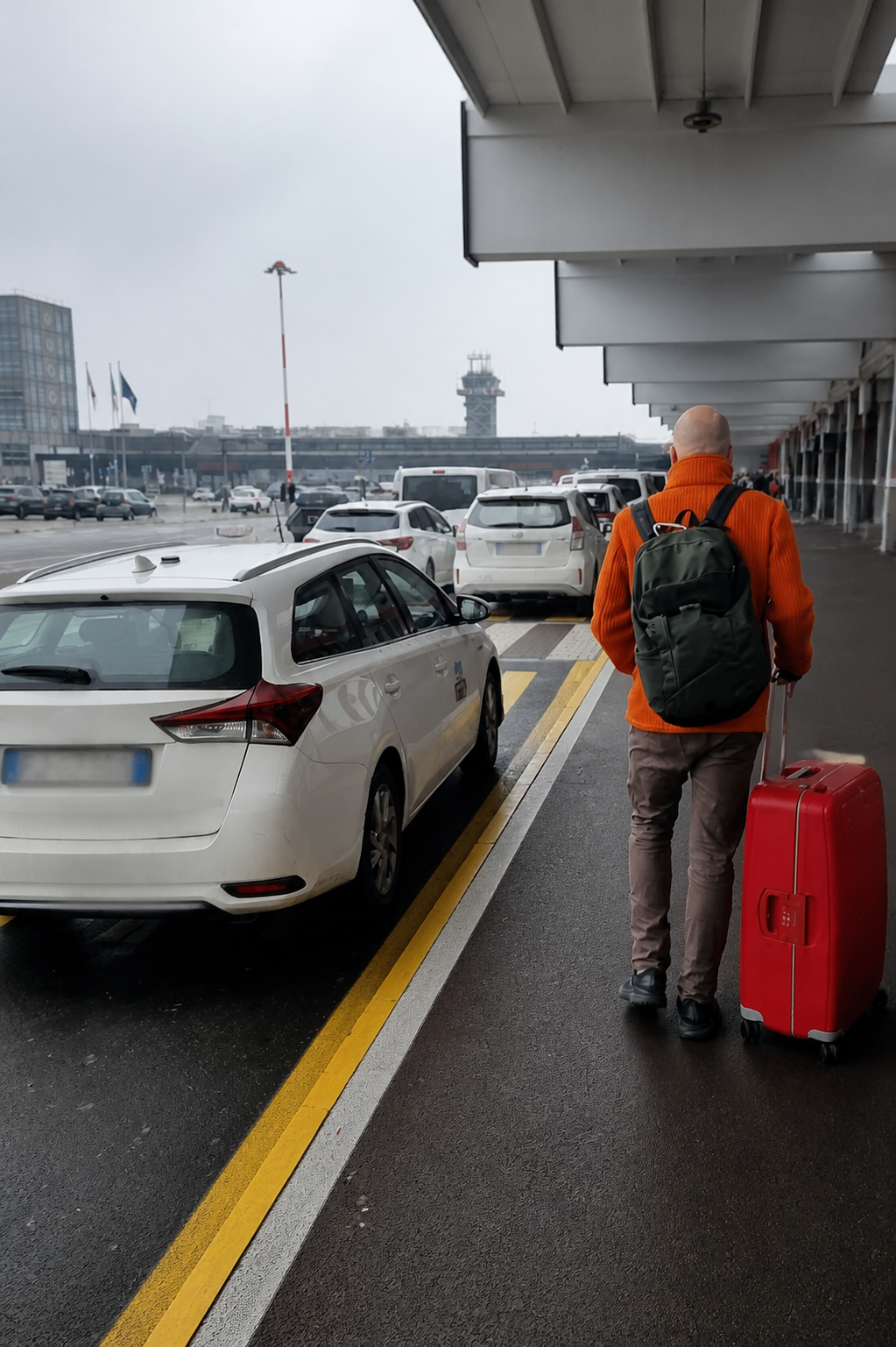 Traveller seen from behind with a backpack and red suitcase outside an airport arrivals terminal